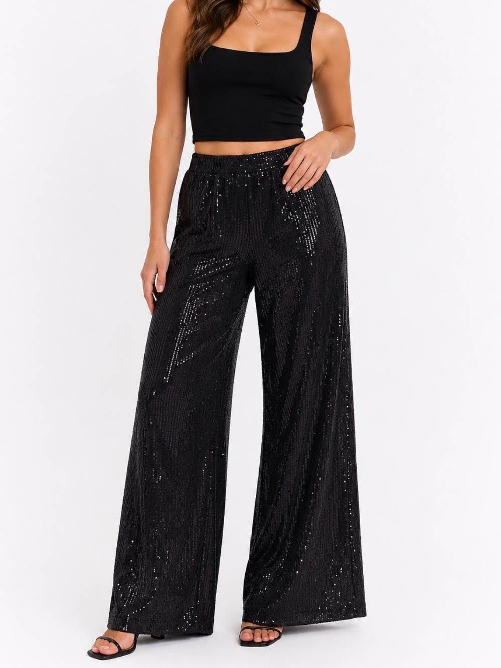 Black Sequin Wide-Leg Pants glam pull on party NYE disco simmering Holiday XXL